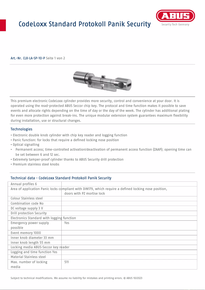 Page 1 of the manual Technical Sheet Abus CLX-LA-SP-10-P