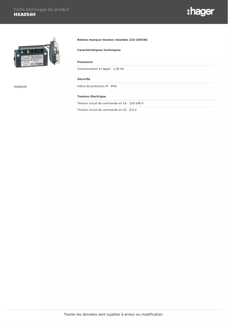 Page 1 de la notice Fiche technique Hager HXA054H