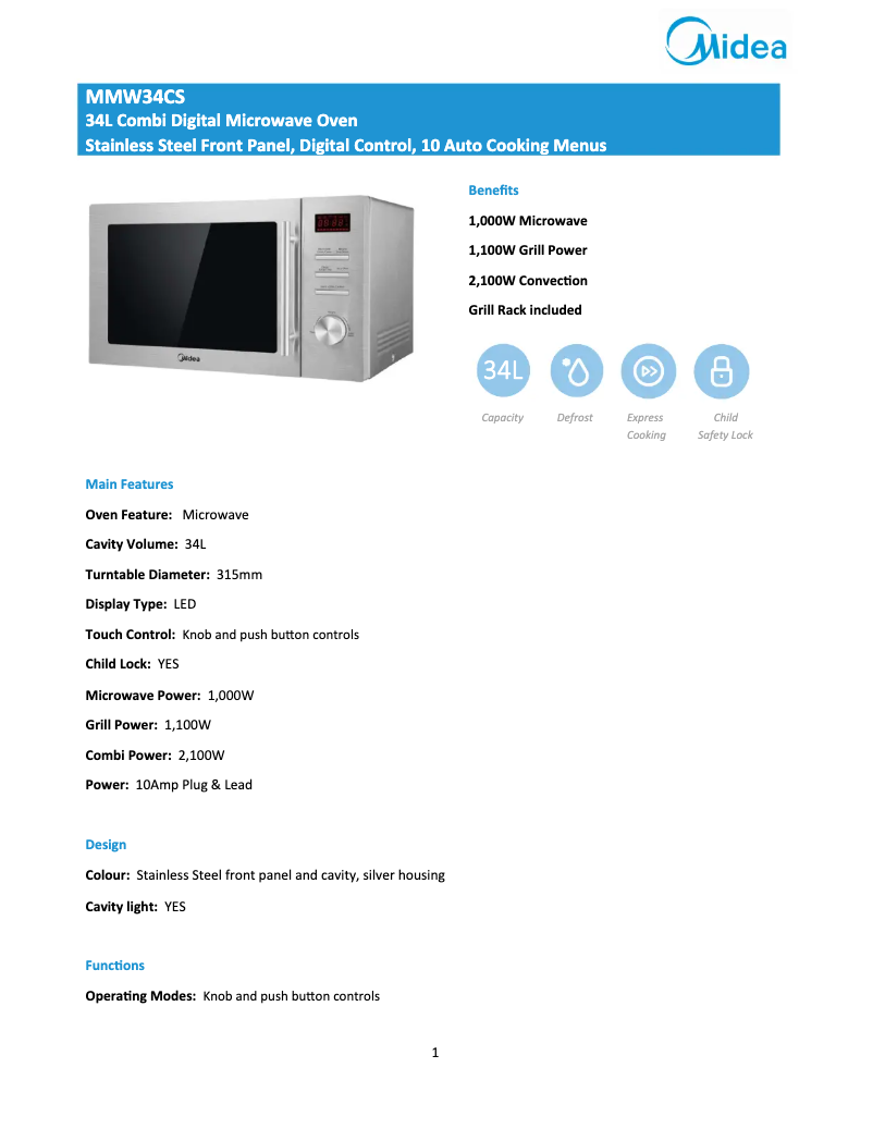 Página 1 del manual Ficha técnica Midea MMW34CS
