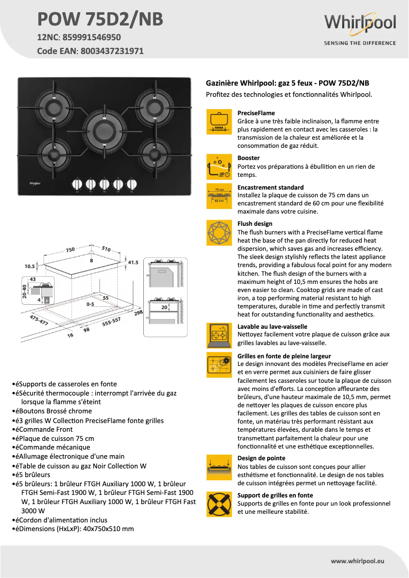 Page 1 de la notice Fiche technique Whirlpool POW 75D2/NB