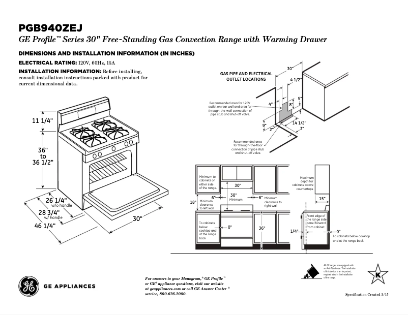 Page 1 of the manual Technical Sheet GE Profile PGB940ZEJSS