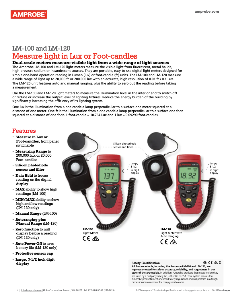 Page 1 de la notice Fiche technique Amprobe LM-100