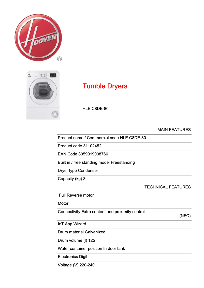 Page 1 de la notice Fiche technique Hoover HLE C8DE-80