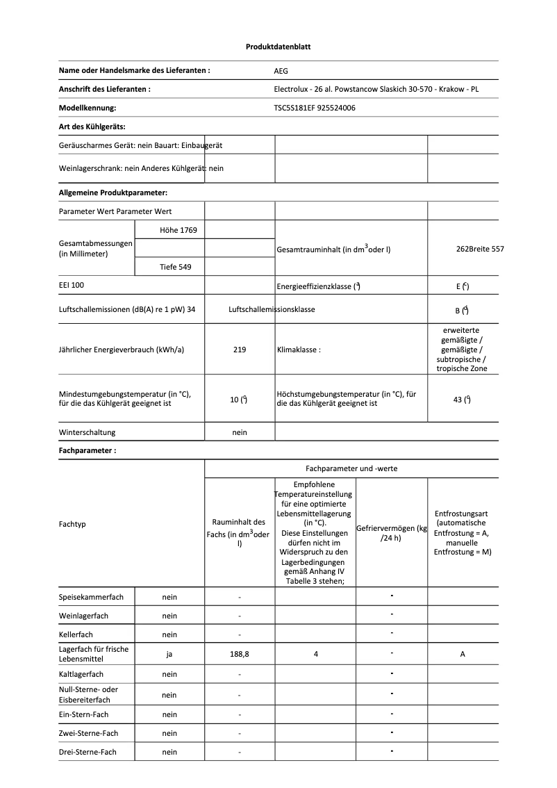 Page 1 de la notice Fiche technique AEG TSC5S181EF