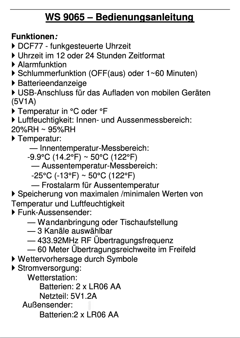 Page 1 de la notice Manuel utilisateur Techno Line WS 9065