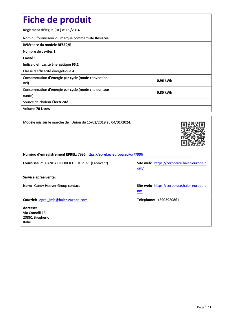 Page 1 de la notice Fiche technique Rosieres RFS 60/E