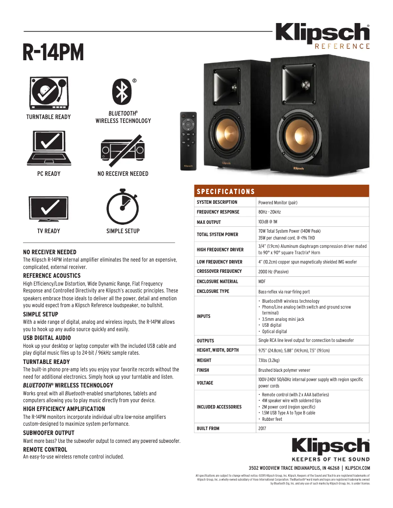 Page 1 de la notice Fiche technique Klipsch R-14PM