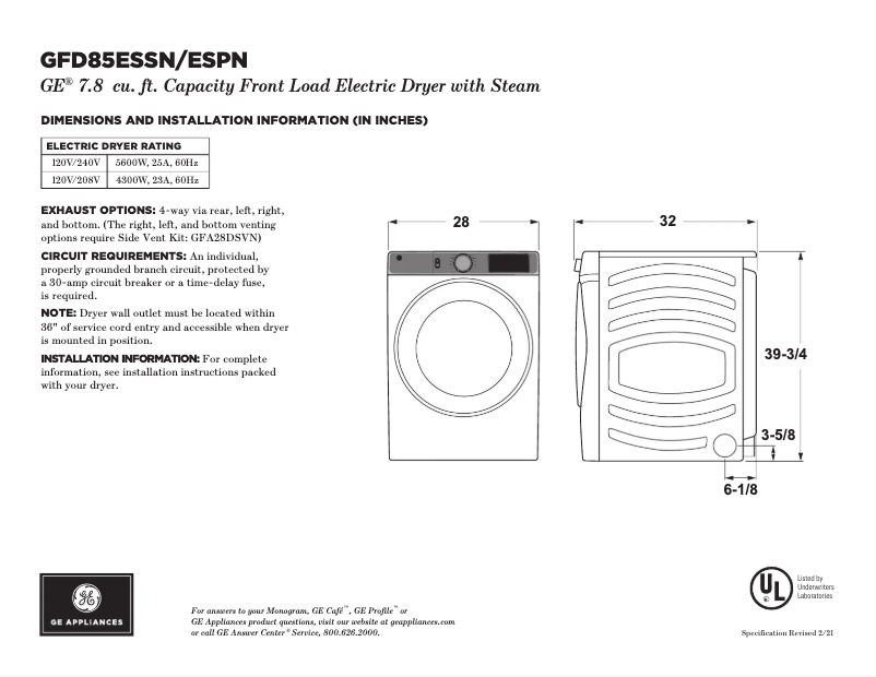 Página 1 del manual Ficha técnica GE GFD85ESSNWW