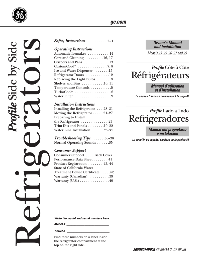 Page n°1 - Manuel d'utilisation et d'entretien GE Profile PSSS3RGXSS