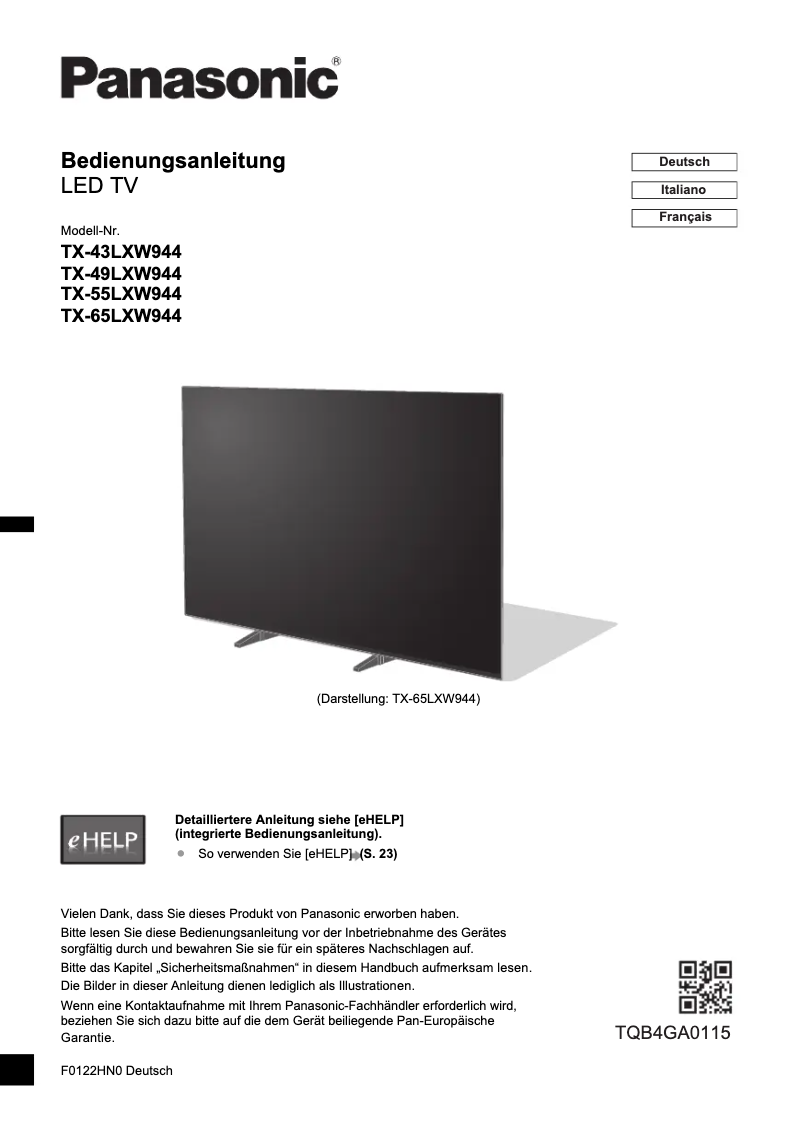 Page 1 de la notice Guide de démarrage rapide Panasonic TX-49LXW944