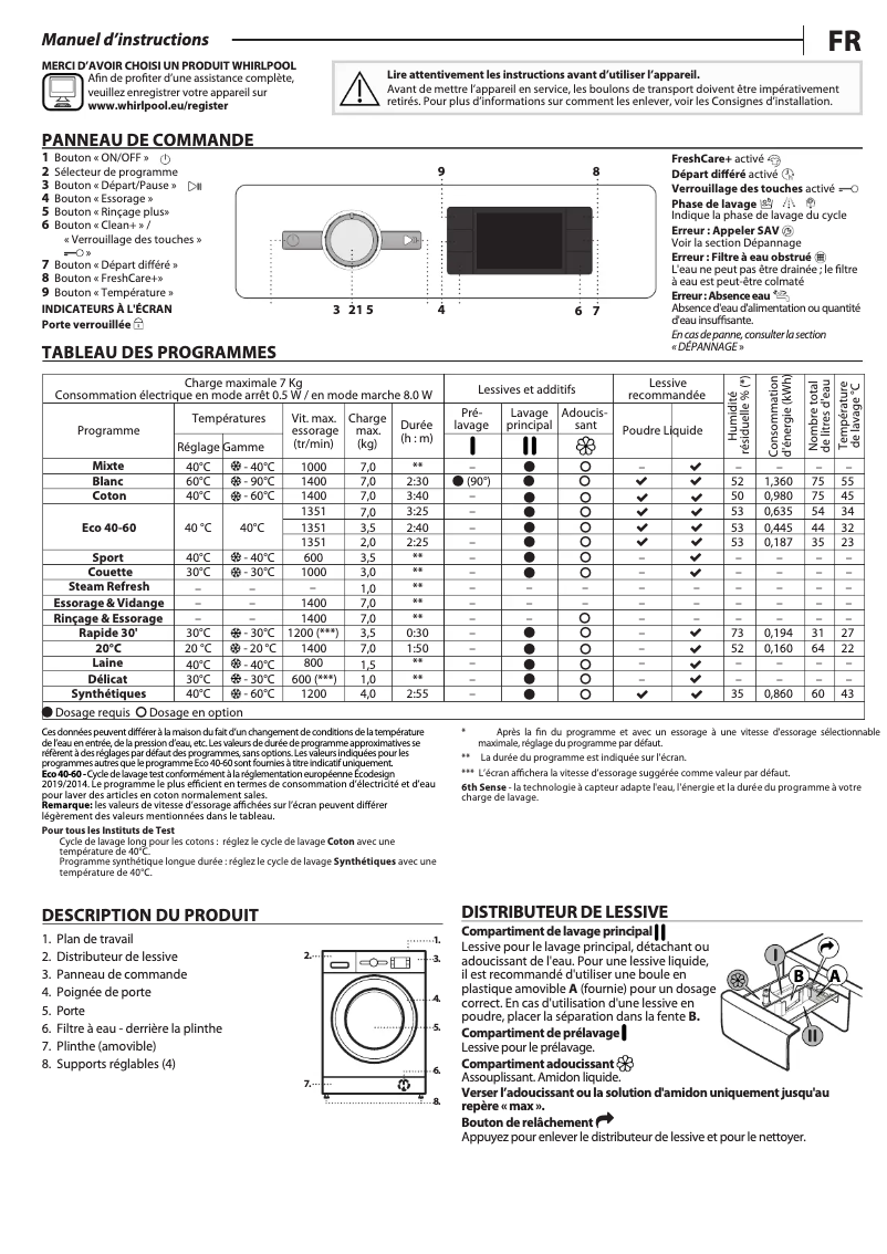 Page 1 de la notice Manuel d'utilisation et d'entretien Whirlpool FFB 7469 BV FR