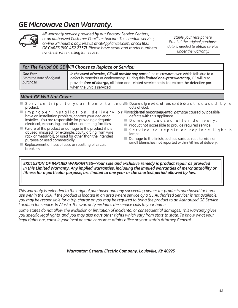 Página 1 del manual Información de garantía GE PVM9179DKWW