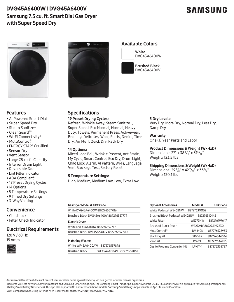 Página 1 del manual Ficha técnica Samsung DVG45A6400W