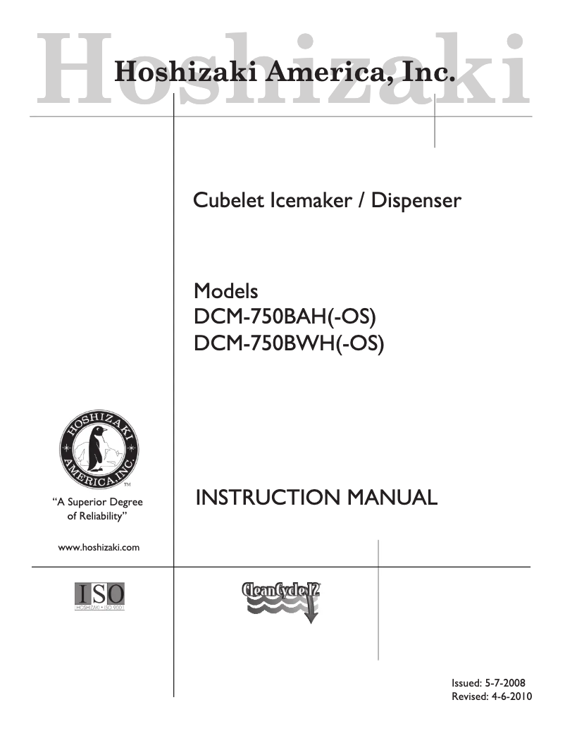 Page 1 de la notice Manuel utilisateur Hoshizaki SD-750