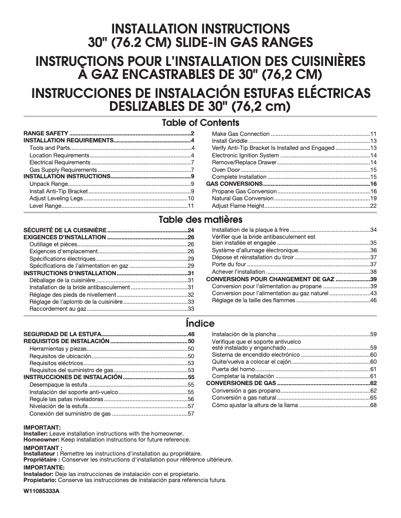 Page 1 de la notice Guide d'installation Whirlpool WEG750H0HW