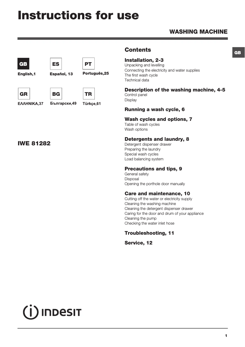 Page n°1 - Manuel utilisateur Indesit IWE 81282 B ECO (EU)