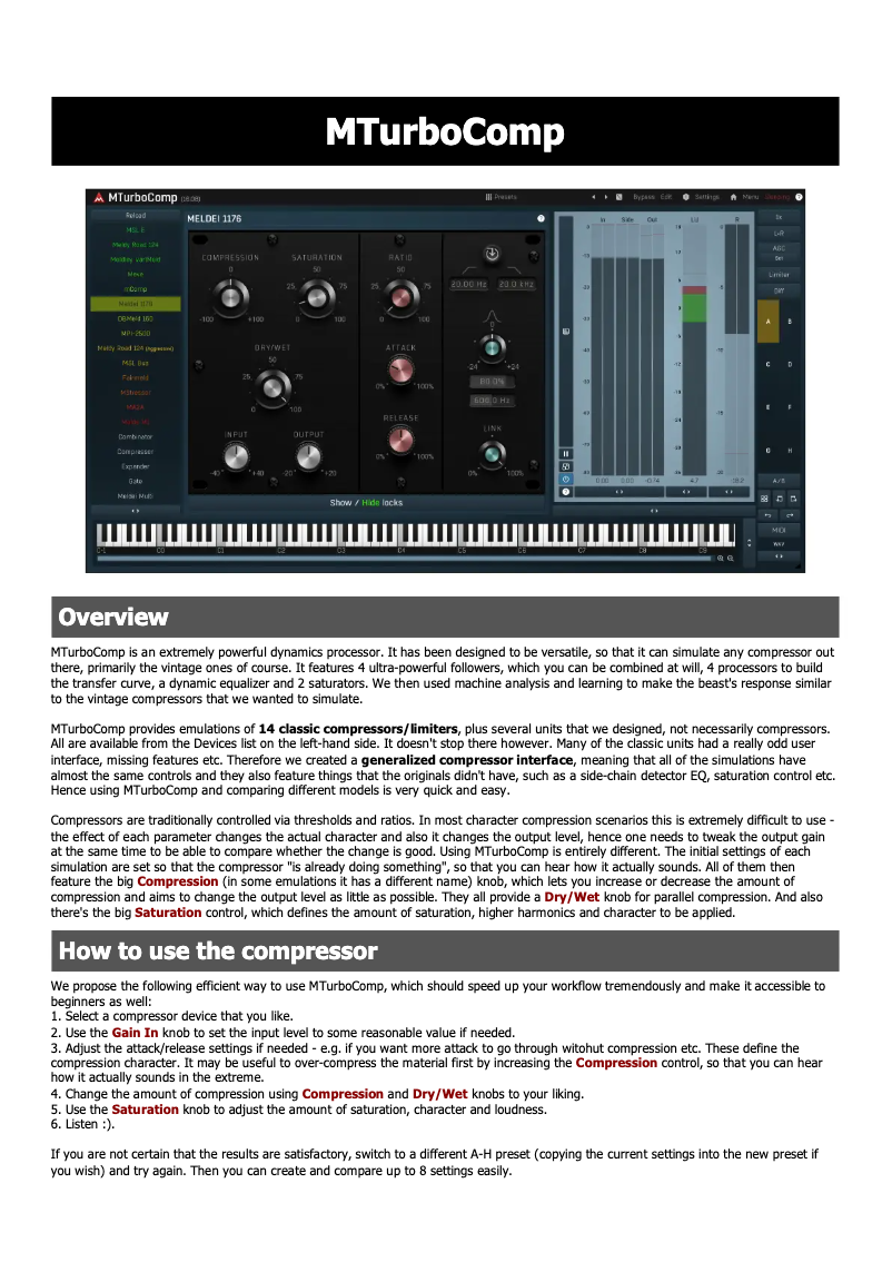 Page 1 de la notice Manuel utilisateur MeldaProduction MTurbocomp