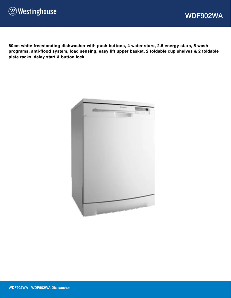Page 1 de la notice Fiche technique Westinghouse WDF902WA
