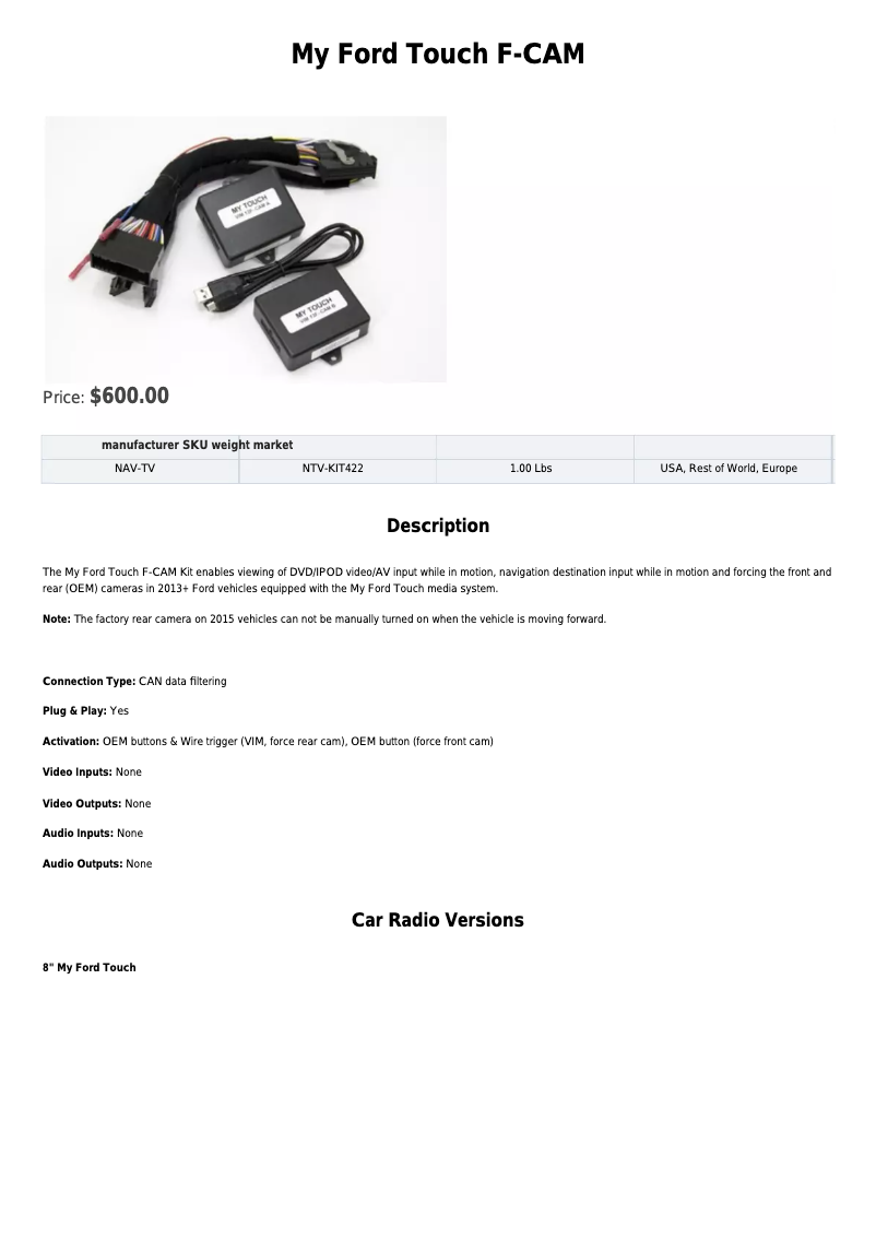 Page 1 de la notice Fiche technique NAV-TV NVT-KIT422