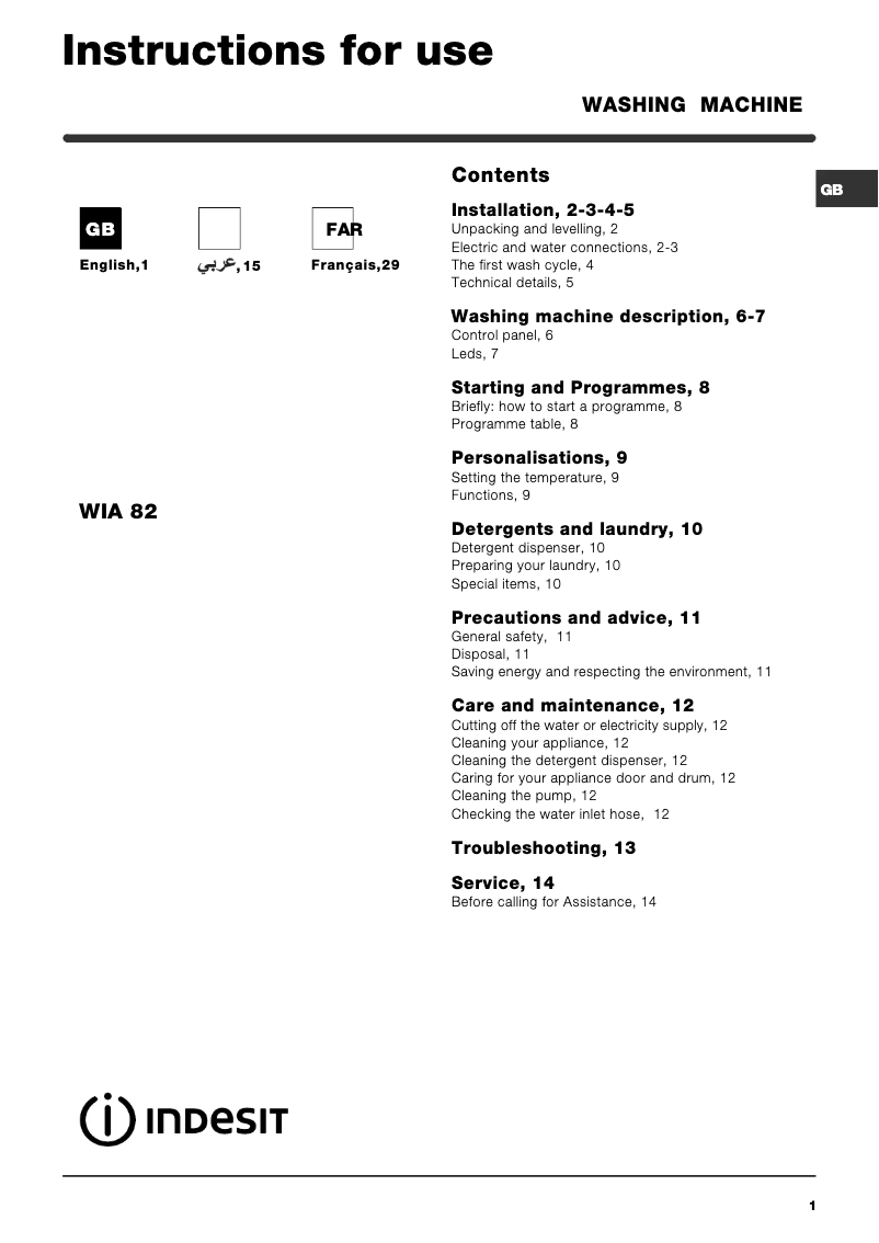 Page n°1 - Manuel utilisateur Indesit WIA 82 (EX) 60 HZ