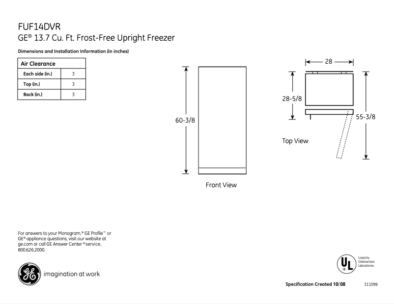 Page 1 de la notice Fiche technique GE FUF14DVRWW