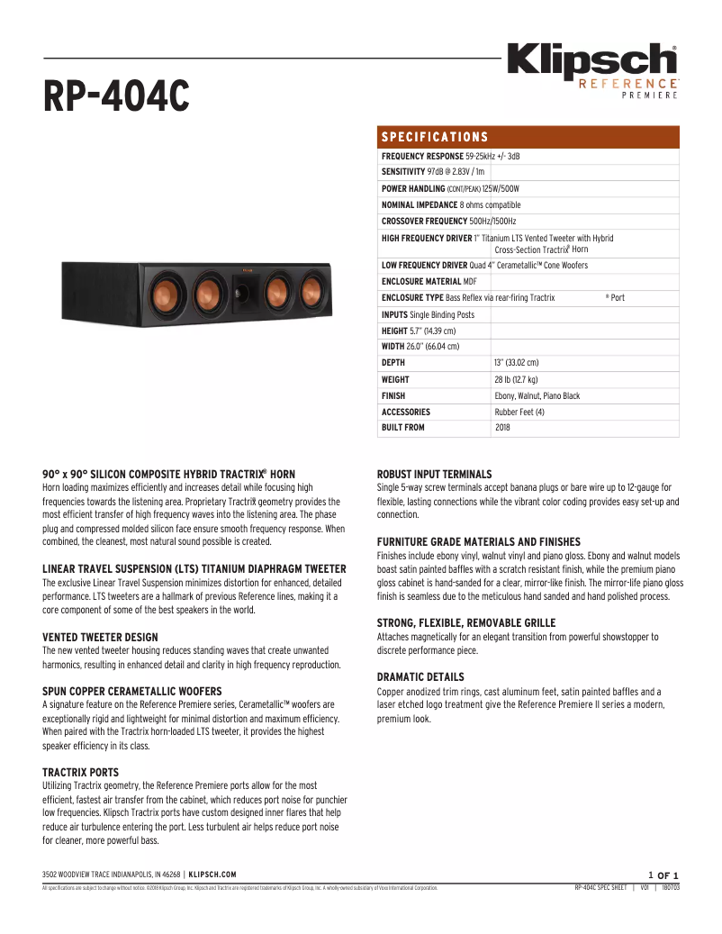 Page 1 de la notice Fiche technique Klipsch Reference Premiere RP-404C