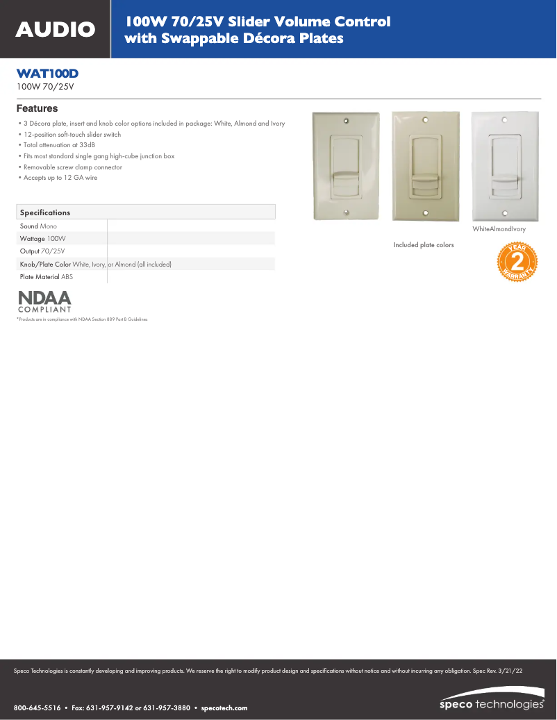 Page 1 de la notice Fiche technique Speco Technologies WAT100D