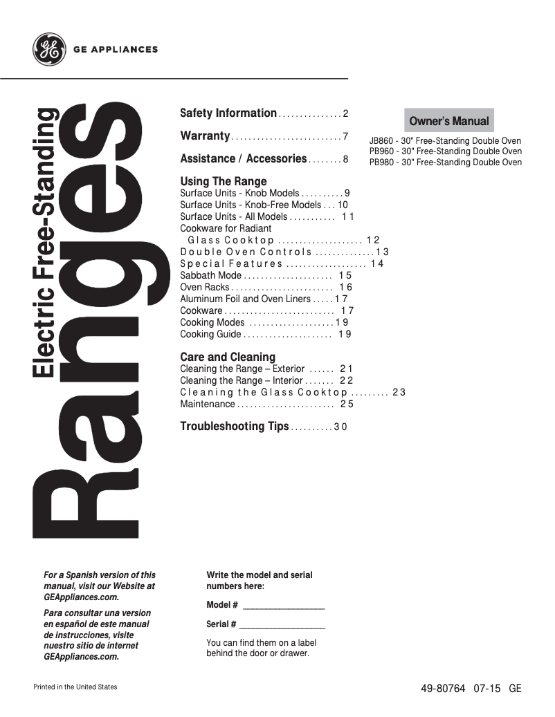 Page 1 de la notice Manuel utilisateur GE JB860SJSS