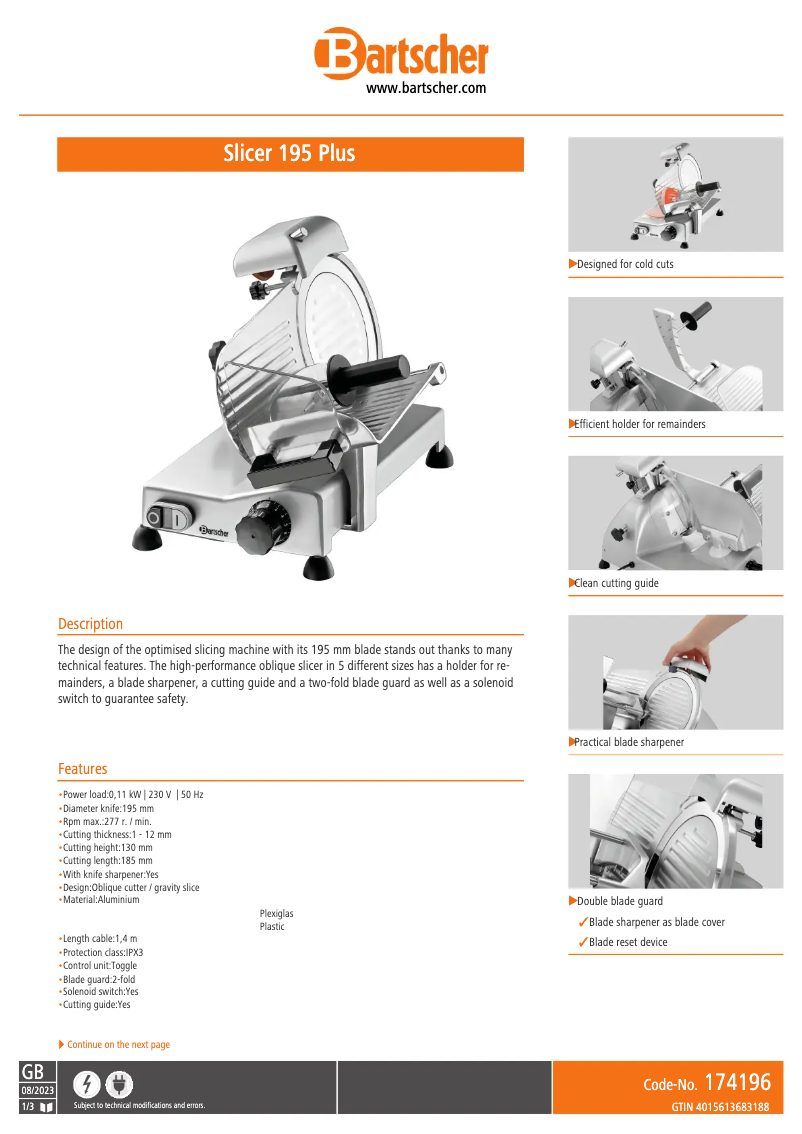 Page 1 de la notice Fiche technique Bartscher 174196