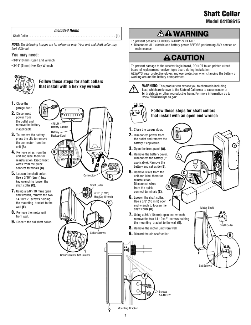 Page 1 de la notice Manuel utilisateur LiftMaster 041D8615