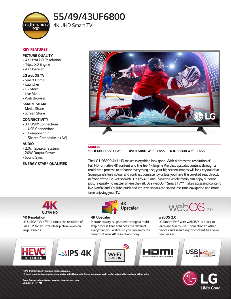 Page 1 de la notice Fiche technique LG 43UF6800