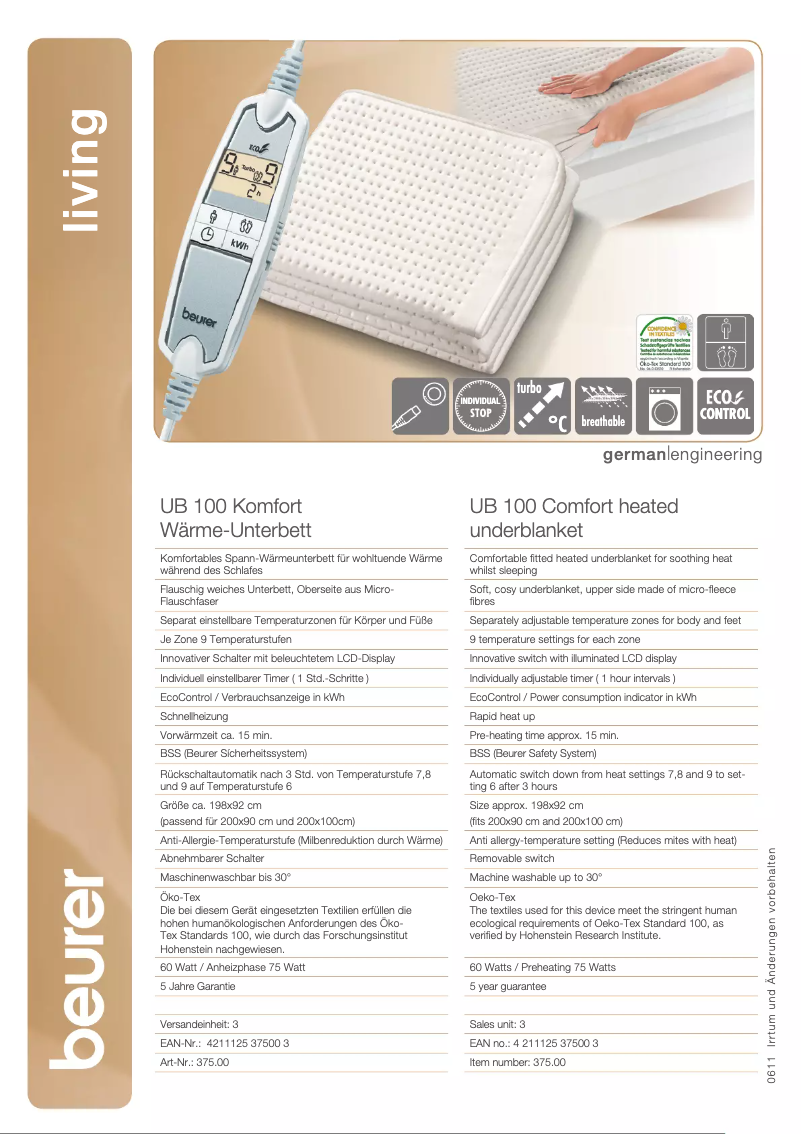 Page 1 de la notice Fiche technique Beurer UB 100 Cosy