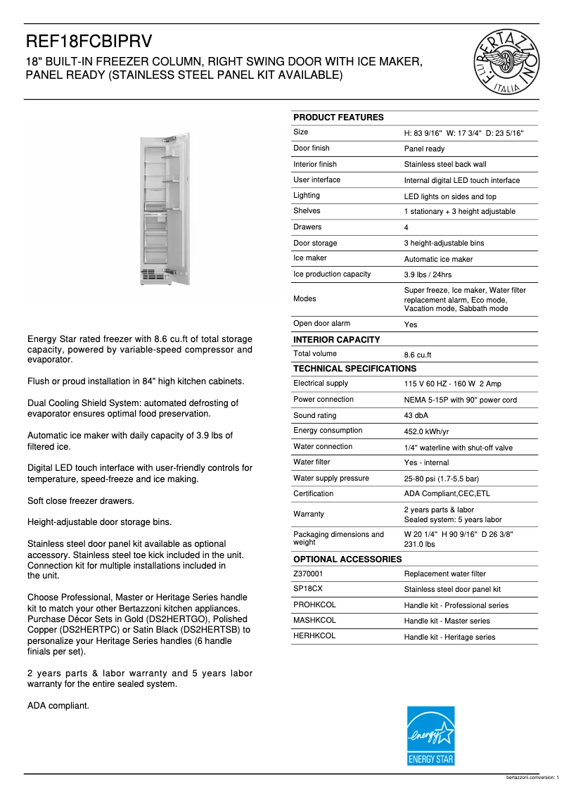 Page 1 de la notice Fiche technique Bertazzoni REF18FCBIPRV