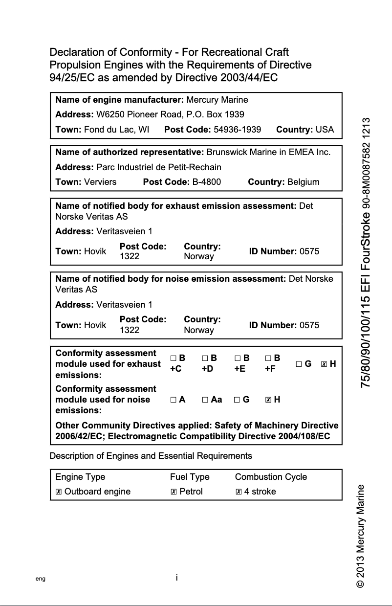 Page 1 de la notice Manuel utilisateur Mercury 90 EFI Fourstroke (2014)