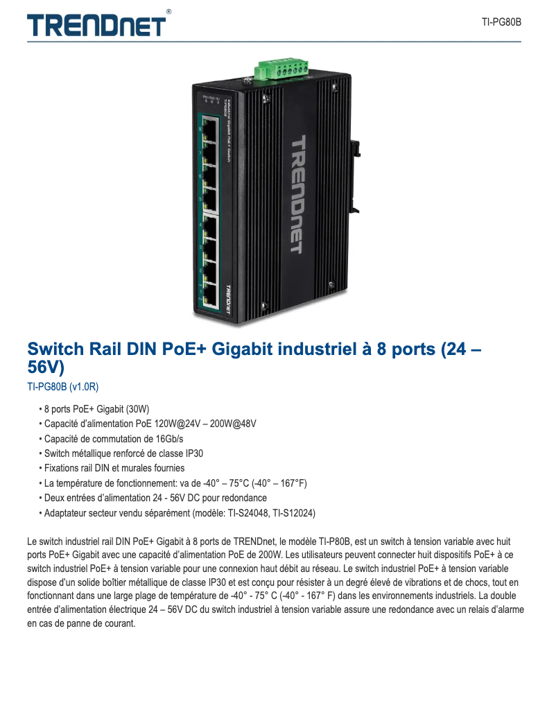 Page 1 of the manual Technical Sheet TRENDnet TI-PG80B