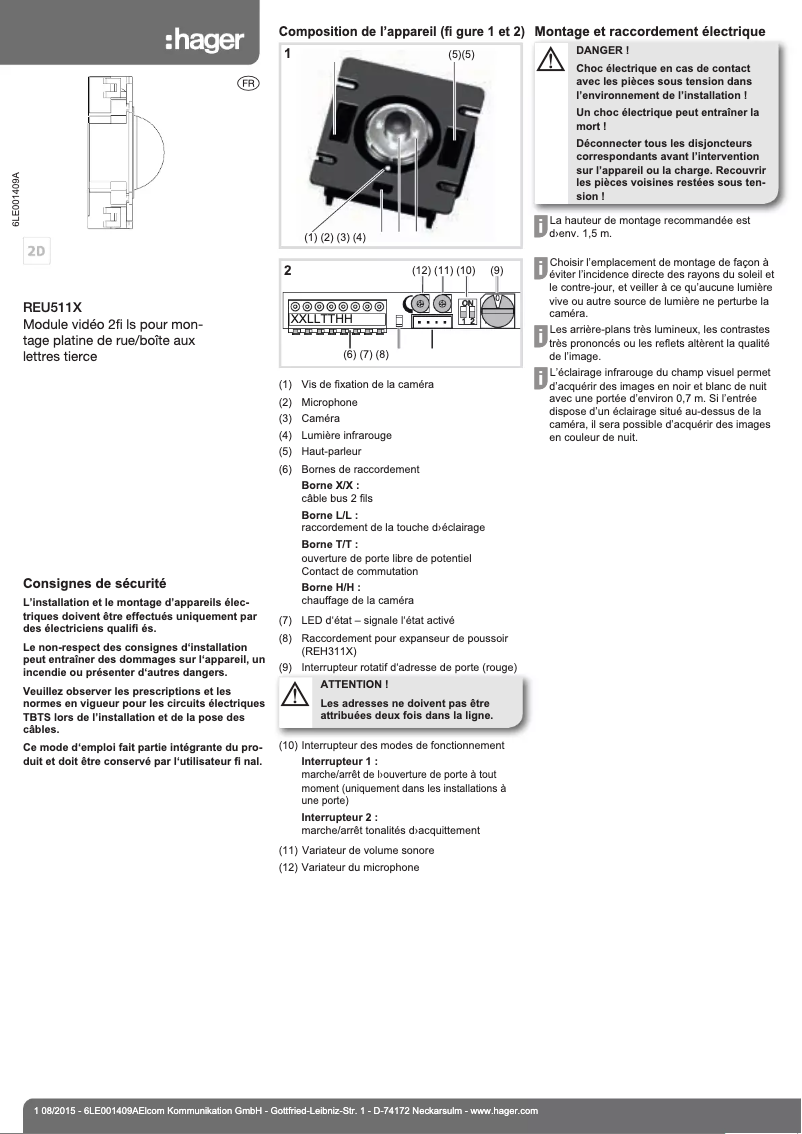 Page 1 de la notice Manuel utilisateur Hager REU511X