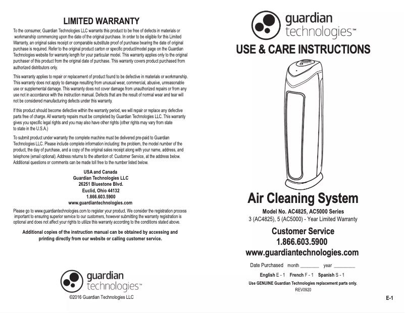 Page 1 de la notice Manuel utilisateur Guardian AC4825