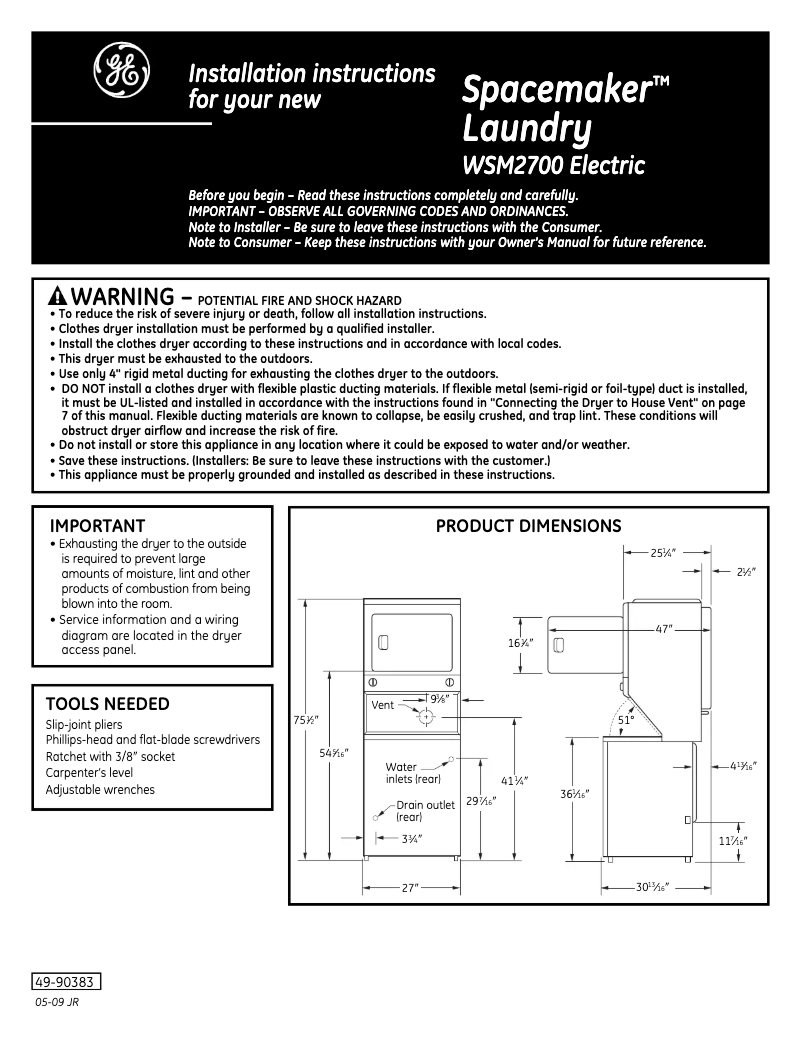 Page n°1 - Guide d'installation GE WSM2700DCC