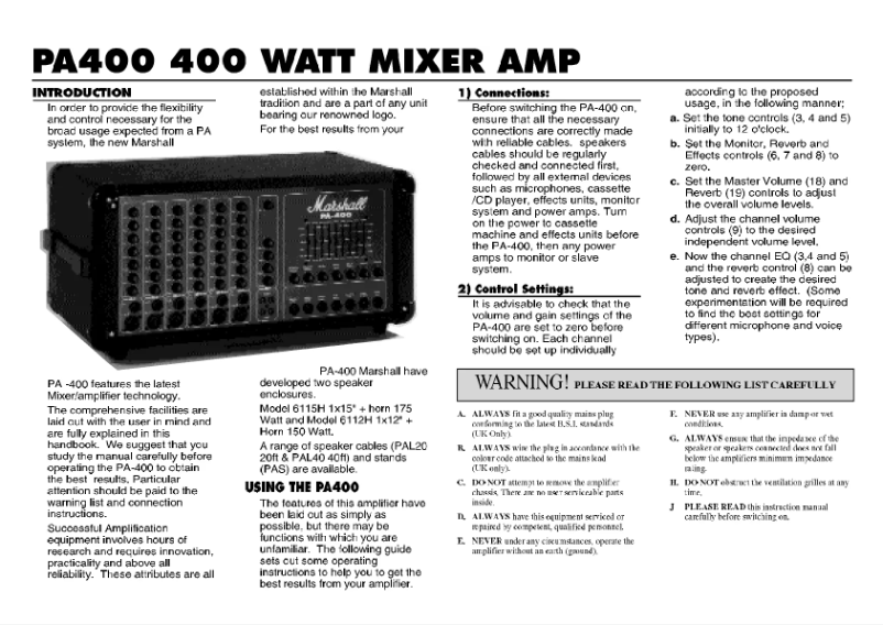 Page 1 de la notice Manuel utilisateur Marshall PA400