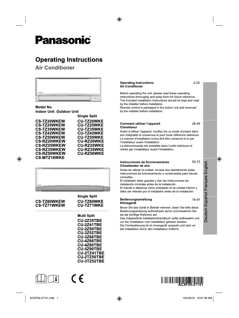 Page 1 de la notice Manuel utilisateur Panasonic CU-RZ35WKE