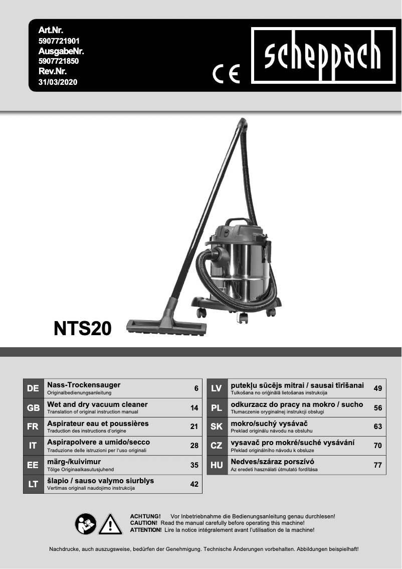 Page 1 de la notice Manuel utilisateur Scheppach NTS20