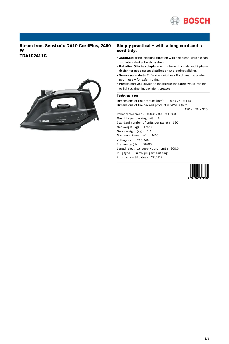Page 1 de la notice Fiche technique Bosch TDA102411C
