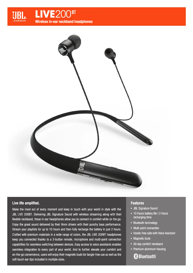 Page 1 de la notice Fiche technique JBL Live 200BT