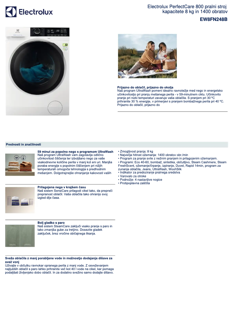 Página 1 del manual Ficha técnica Electrolux EW8FN248B