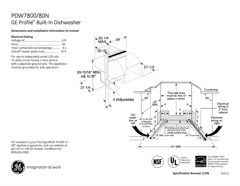 Page 1 of the manual Technical Sheet GE Profile PDW7800NWW
