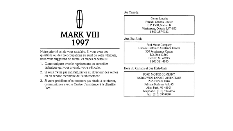 Page 1 de la notice Manuel utilisateur Lincoln Mark VIII (1997)