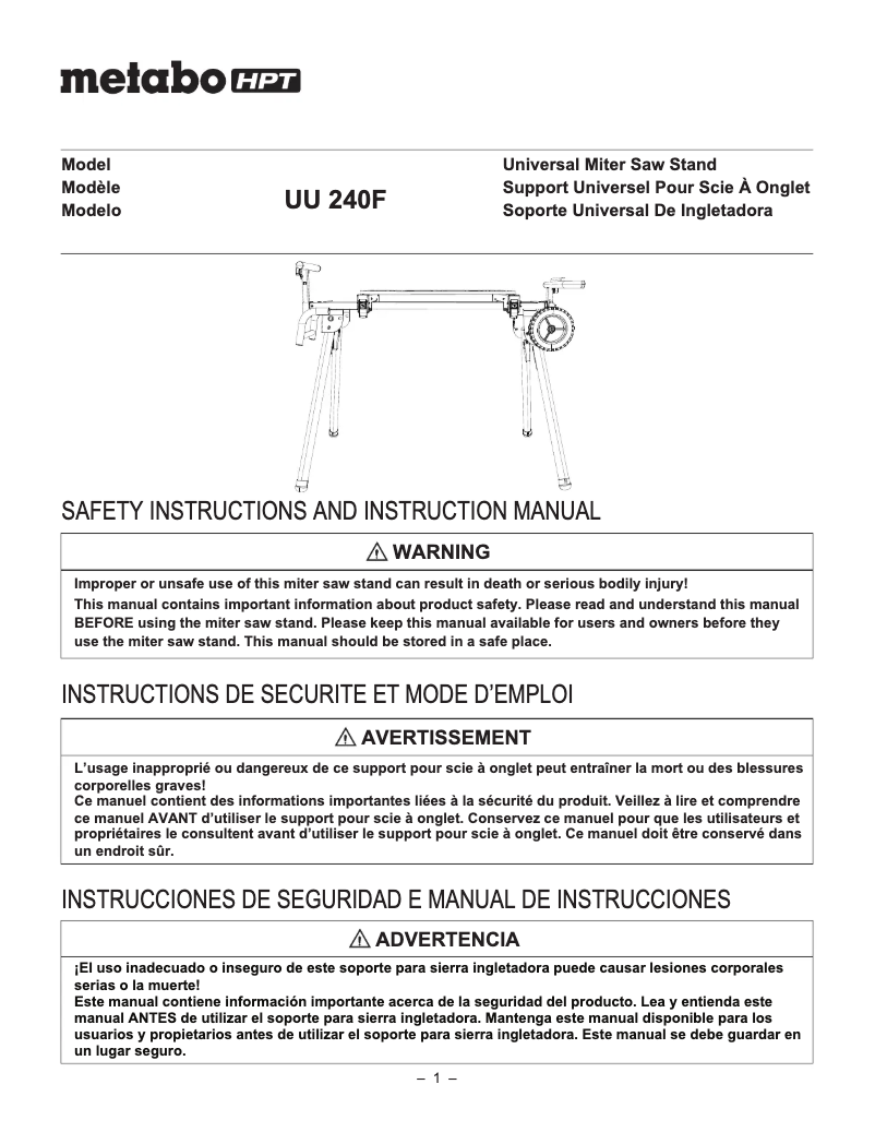 Page 1 de la notice Manuel utilisateur Metabo UU240F