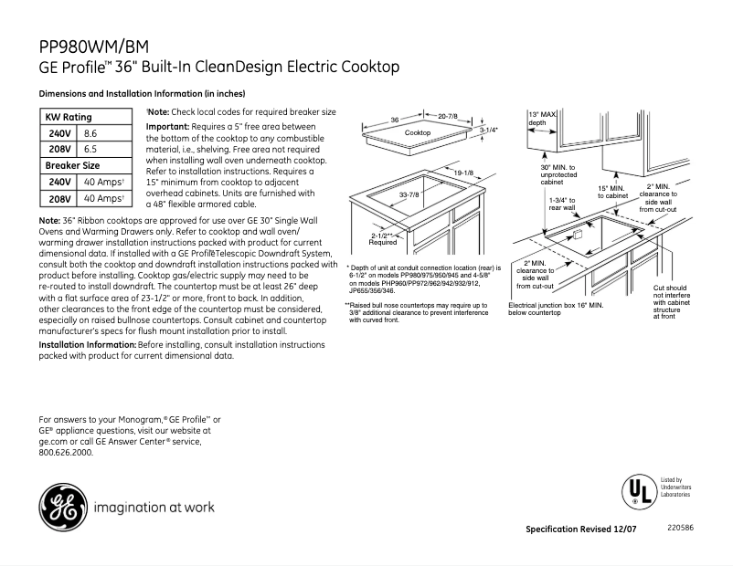 Page 1 of the manual Technical Sheet GE Profile PP980BMBB