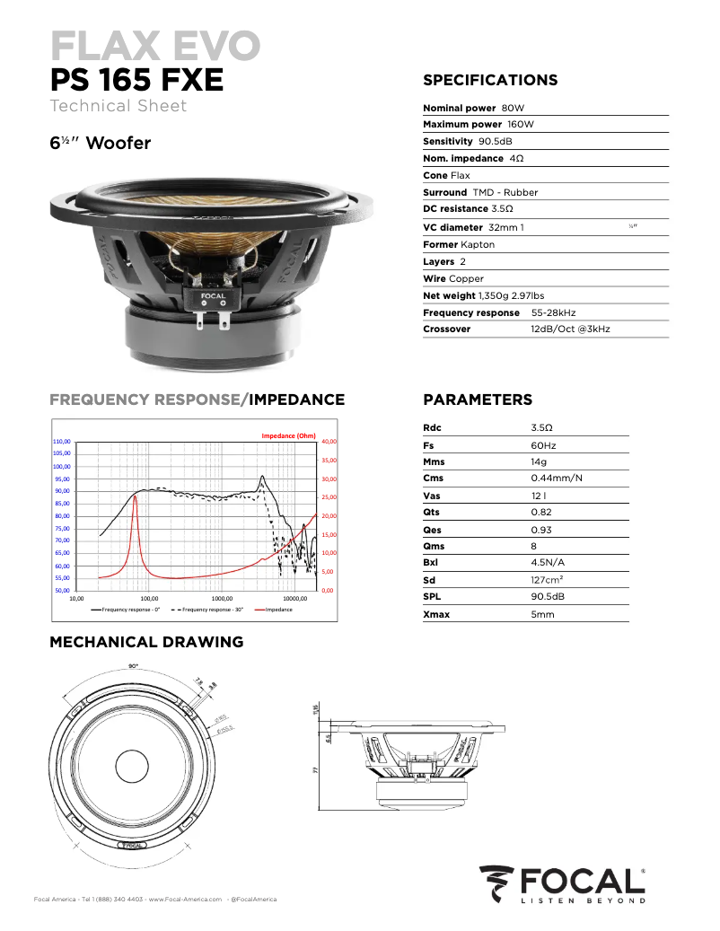 Page 1 de la notice Fiche technique Focal Flax Evo PS 165 FXE