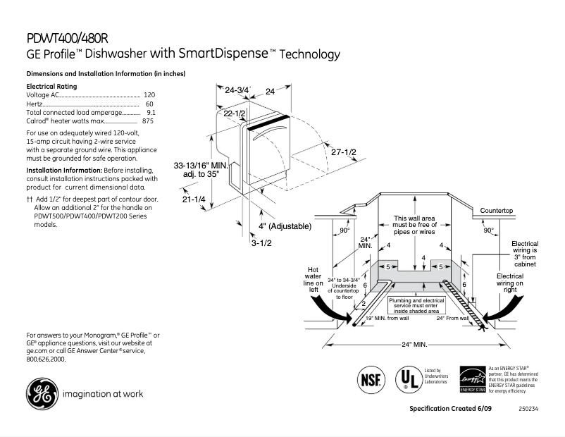 Page n°1 - Fiche technique GE Profile PDWT400RBB